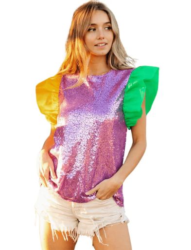 Mardi Gras Sequin Color Block Puff Sleeve Short Sleeve Top