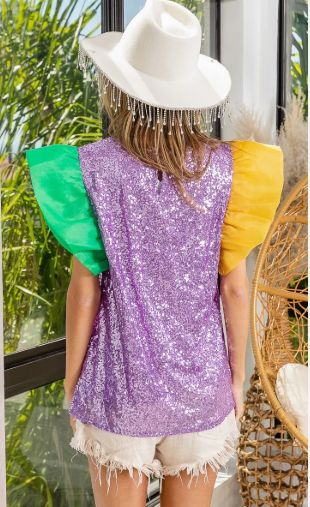 Mardi Gras Sequin Color Block Puff Sleeve Short Sleeve Top