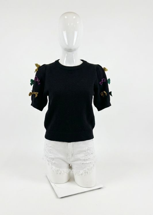 Black Mardi Gras Glitter Bow Puff Sleeve Top