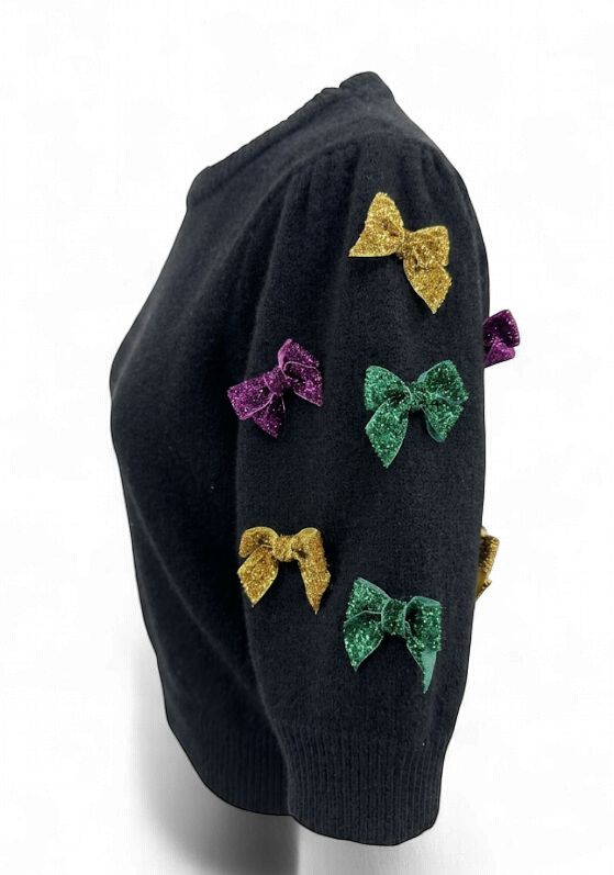 Black Mardi Gras Glitter Bow Puff Sleeve Top