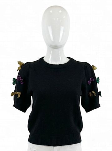 Black Mardi Gras Glitter Bow Puff Sleeve Top