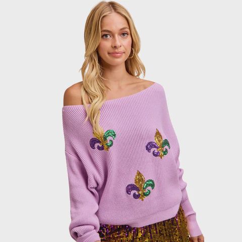 SEQUIN FLEUR DE LIS OFF SHOULDER LS SWEATER