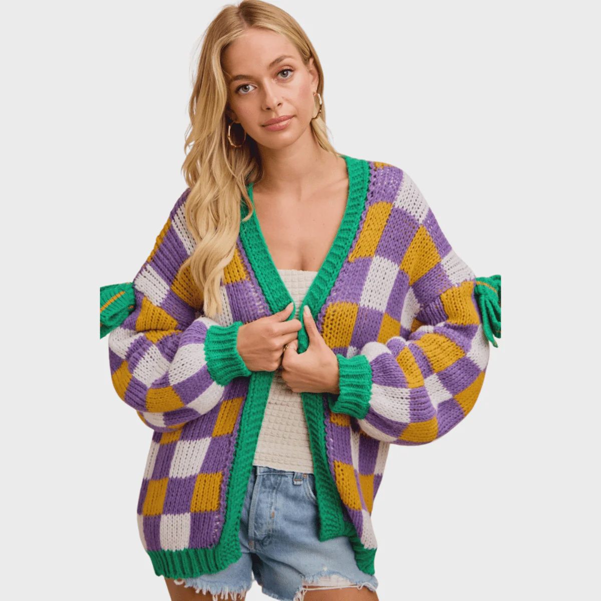 MARDI GRAS CHECKER BOARD FRONT OPEN CARDIGAN