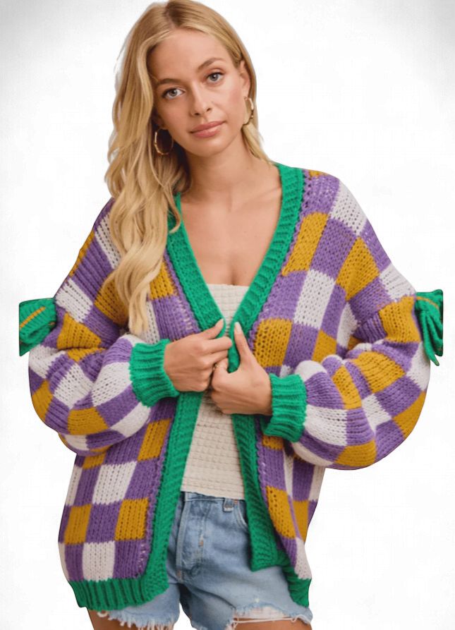 Mardi Gras Checker Board Front Open Cardigan