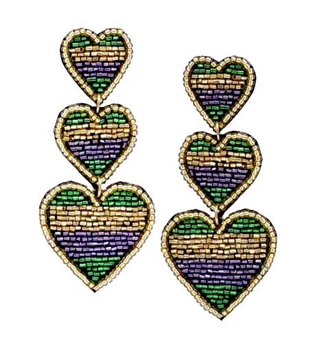 Mardi Gras Triple Heart Beaded Earrings
