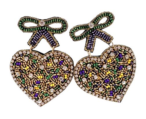 Mardi Gras Heart with Bow Beaded Earrings