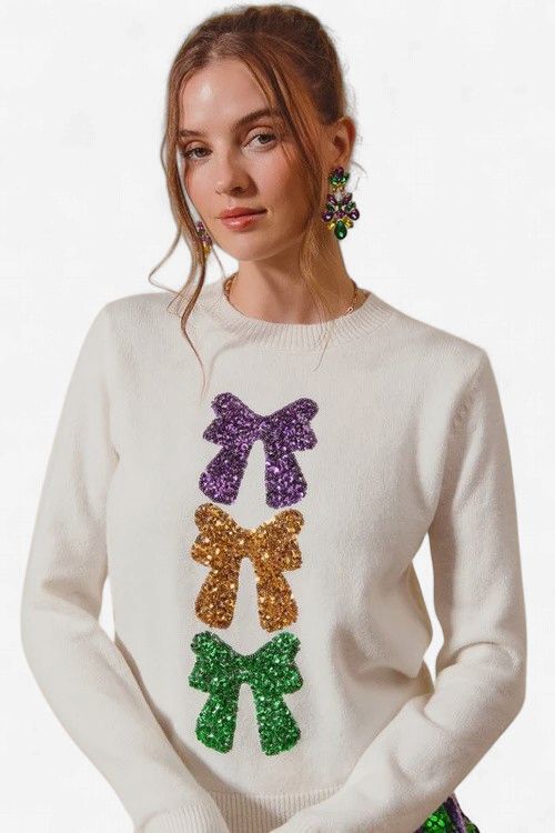 Ivory Mardi Gras Sequin Bow Long Sleeve Sweater
