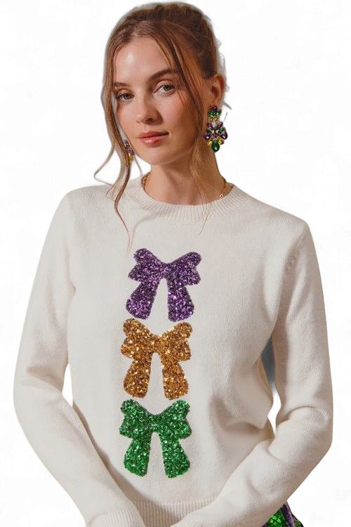 Ivory Mardi Gras Sequin Bow Long Sleeve Sweater