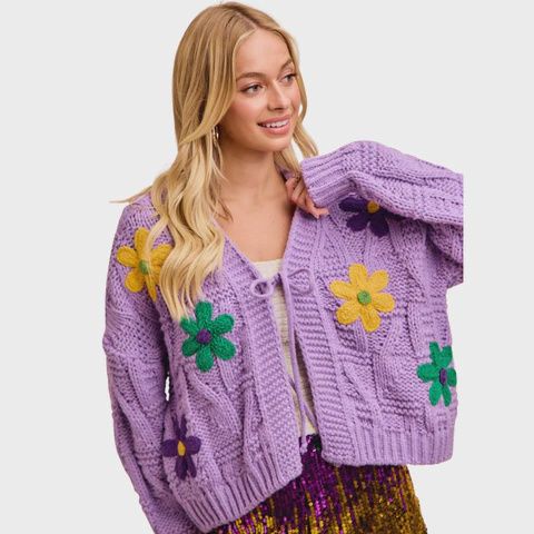 MARDI GRAS FLOWER PATCHED LS CARDIGAN
