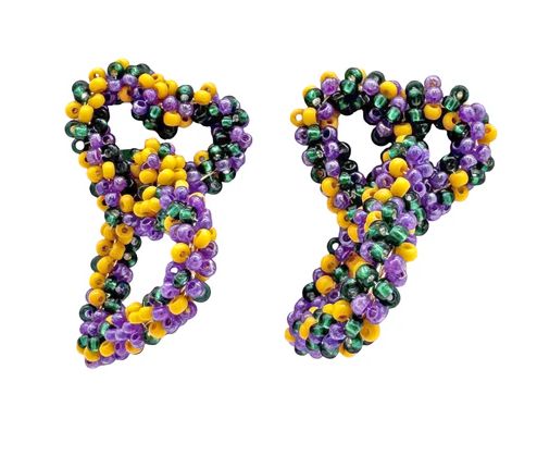 Purple, Green and Yellow Beaded Cluster Drop Earrings