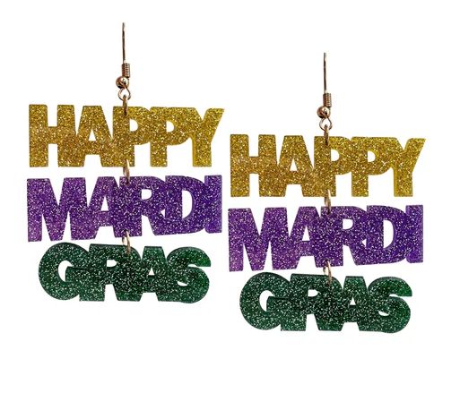 Happy Mardi Gras Glittered Drop Earrings