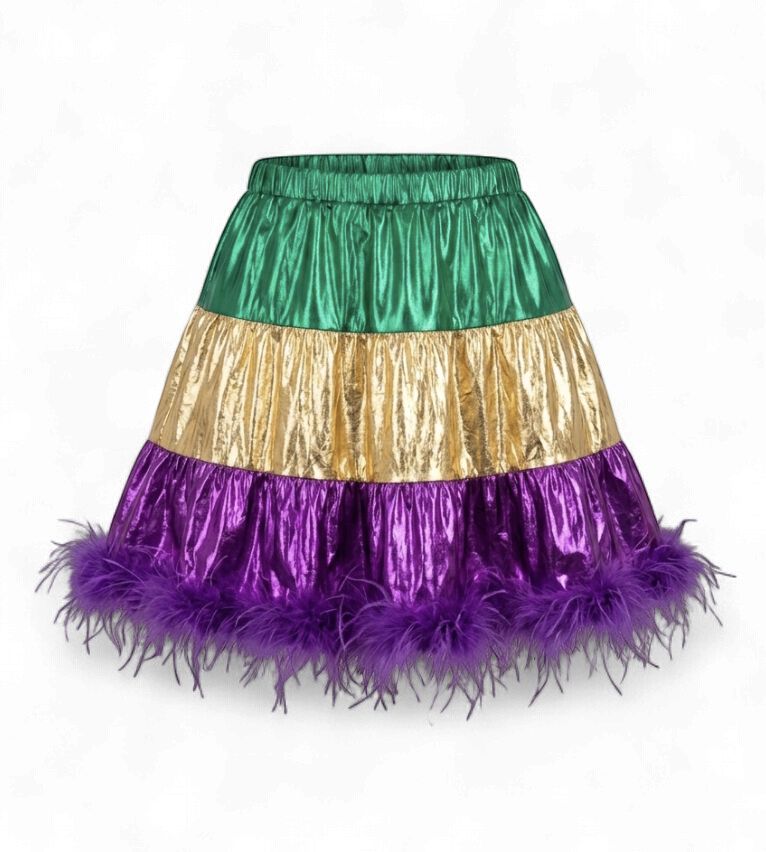 Faux Feather Hem Mardi Gras Metallic Mini Skirt Large