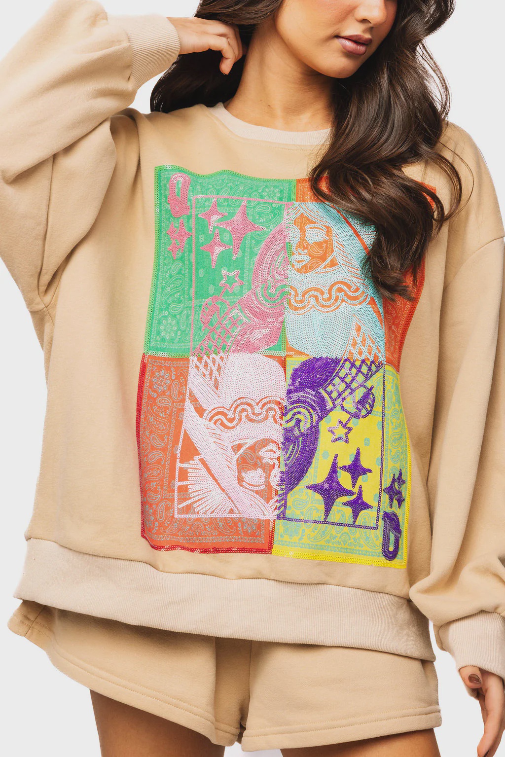 Beige Colorblock Bandana QOS Sweatshirt