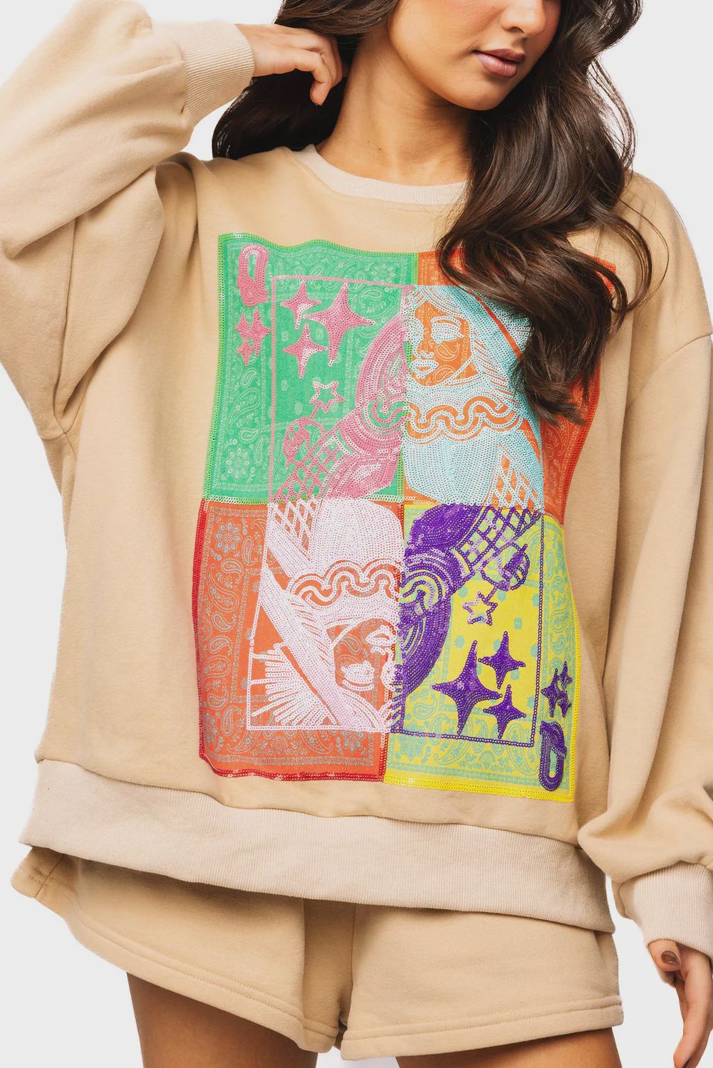 Beige Colorblock Bandana QOS Card Logo Sweatshirt