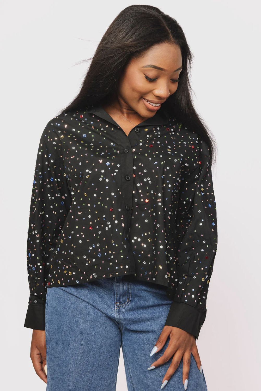 Black Multi Rhinestone Cotton Button Up Collared Top