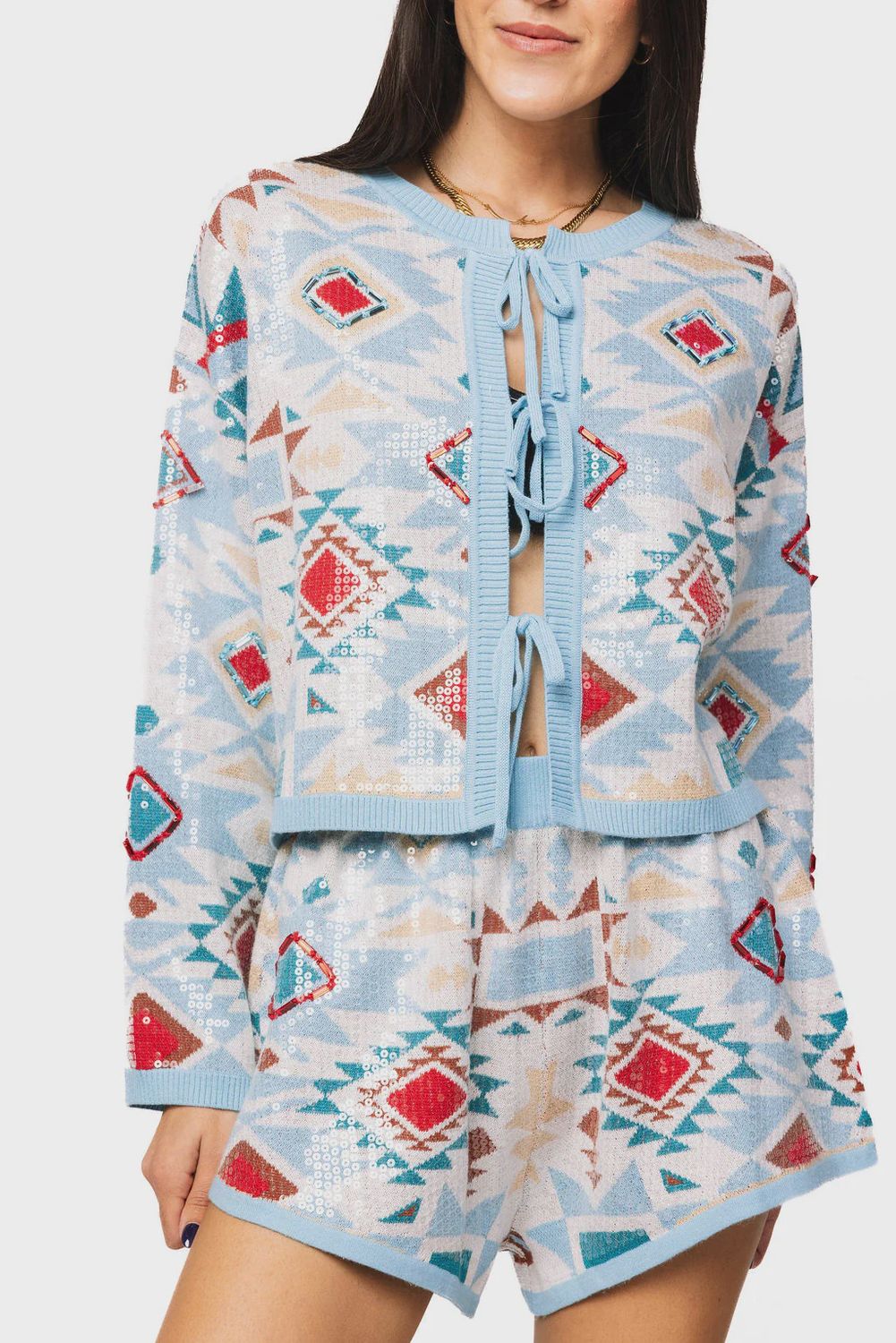 Blue Multi Sequin Aztec Print Knit Tie Up Sweater