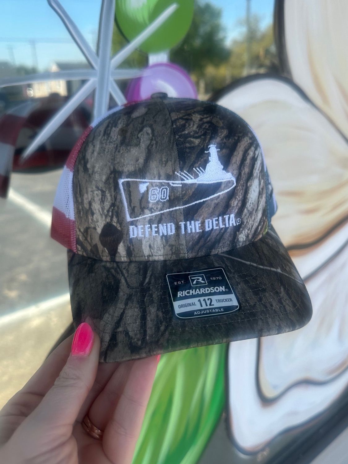 Defend the Delta Camo Hat w/ Red, white &amp; Blue Mesh