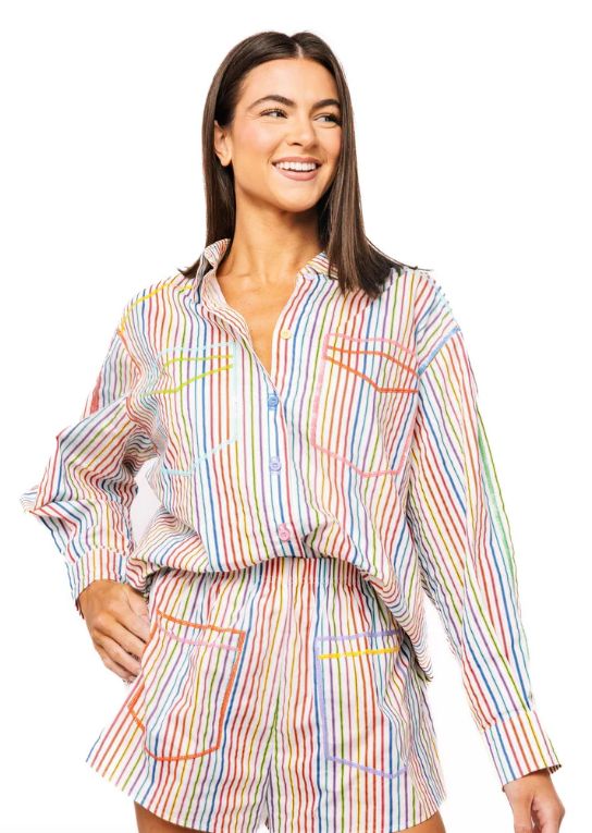Rainbow Striped Button Up Pocket Cotton Top