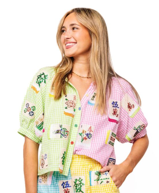 Colorblock Gingham Mahjong Tile Button Up Top