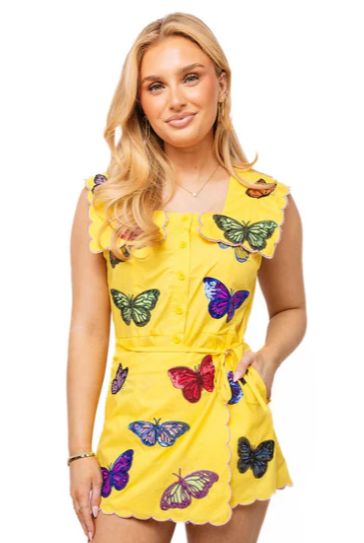 Yellow Multi Butterfly Wrap Tie Romper