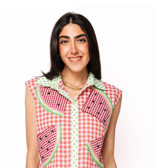 Red Gingham &amp; Green Polka Dot Watermelon Button Up Tank