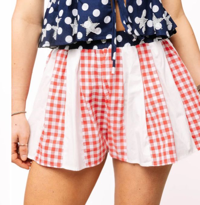 Red &amp; White Gingham Stripe Ruffle Short