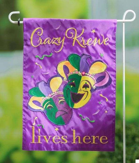 Mardi Gras Crazy Krewe Lives Here Applique Garden Flag