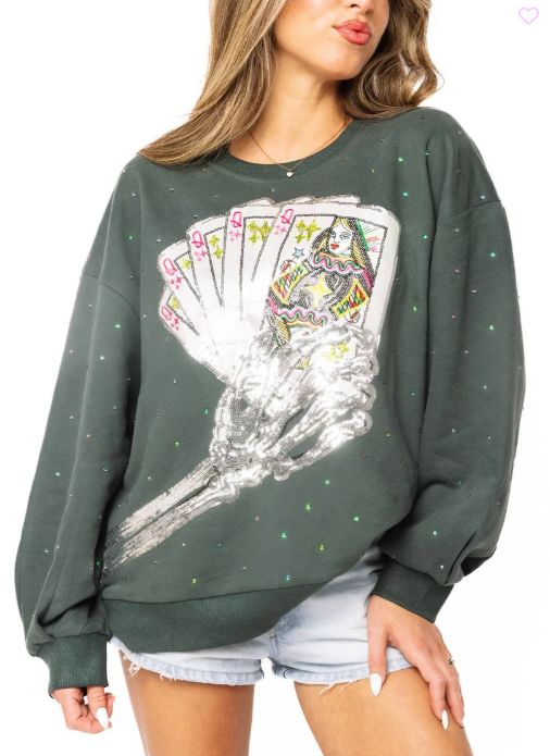 Charcoal Skeleton Holding Queen Cards Rhinestone