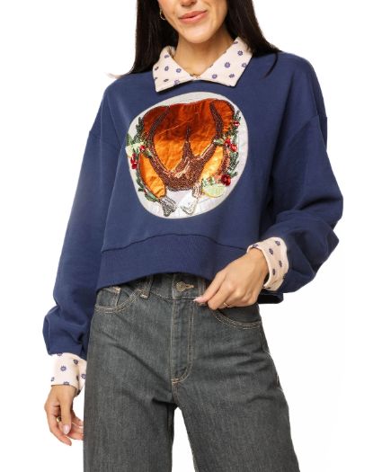 Navy Polkador Collar Turkey Sweatshirt