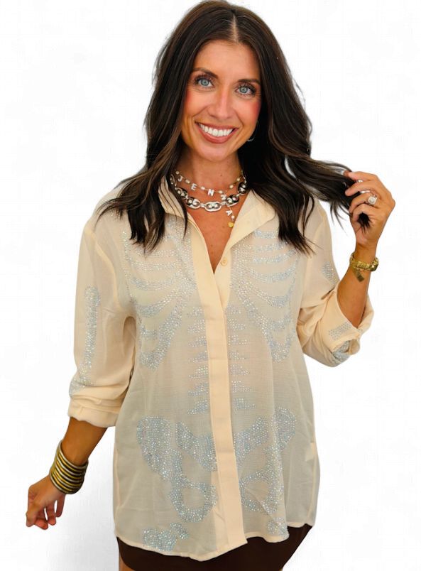 Beige Silk Rhinestone Skeleton Button Down Top