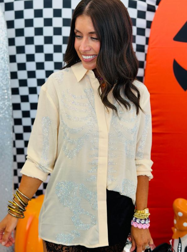 Beige Silk Rhinestone Skeleton Button Down Top