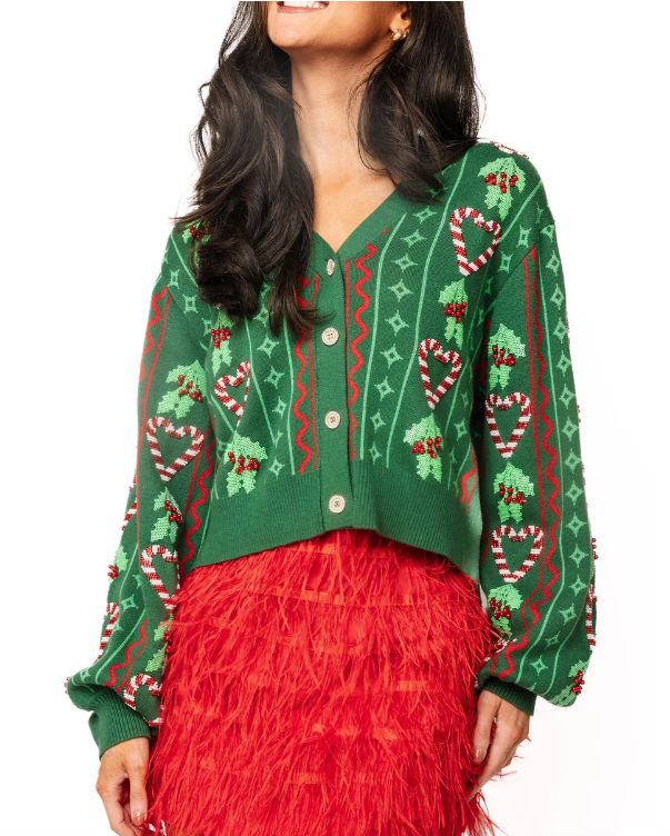 Green 3D Holly &amp; Peppermint Cardigan