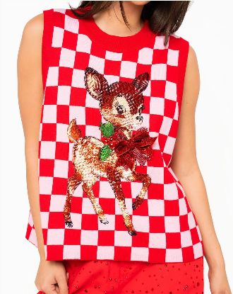 Red &amp; Pink Checkered Reindeer Knit Vest