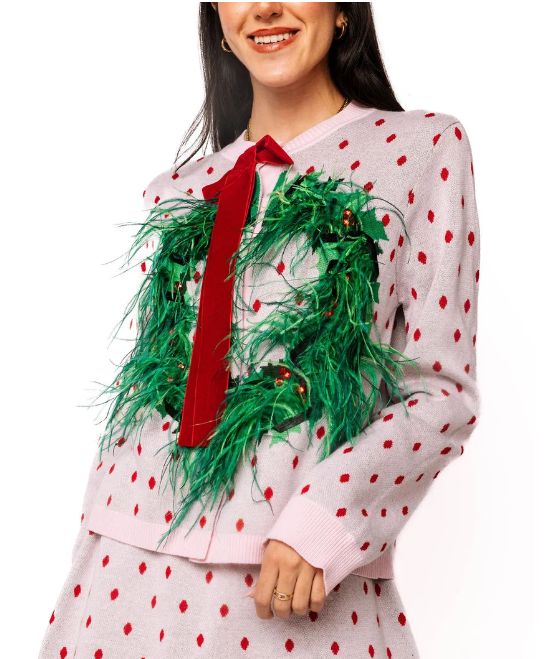 Light Pink &amp; Red Polka Dot Wreath Neck Knit Sweater