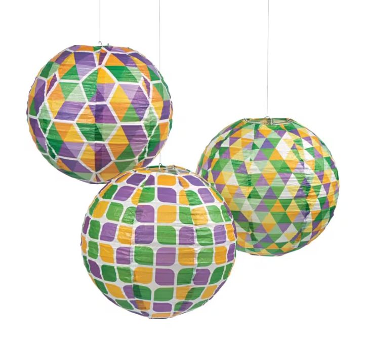 12" Mardi Gras Hanging Paper Lanterns - 6 Pc.