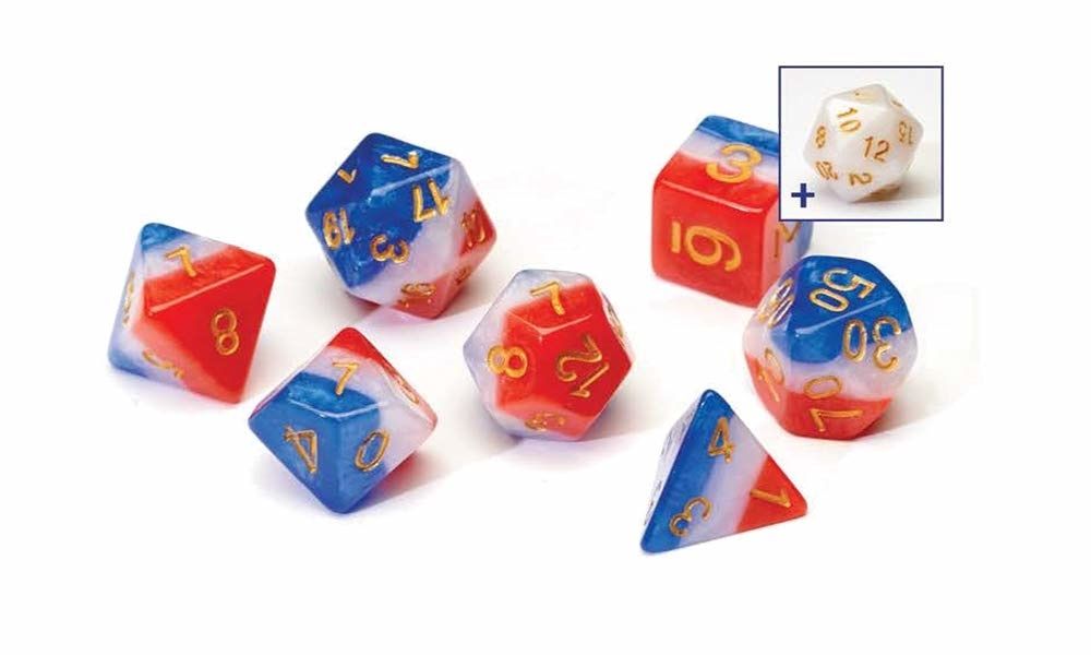 RPG Dice Set (7): Red, White, and Blue Semi- Transparent Resin