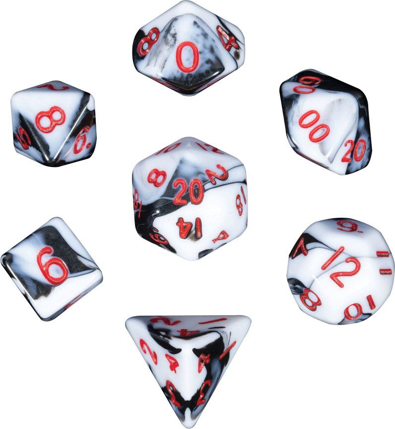 Mini Polyhedral Dice Set: Marble with Red Numbers -10mm