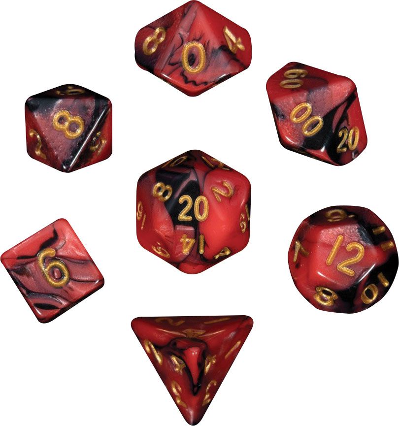 Mini Polyhedral Dice Set: Red/Black with Gold Numbers -10mm