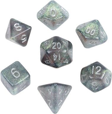 Mini Stardust Acrylic Poly Dice Set: Gray w/ Silver Numbers (7)- 10mm