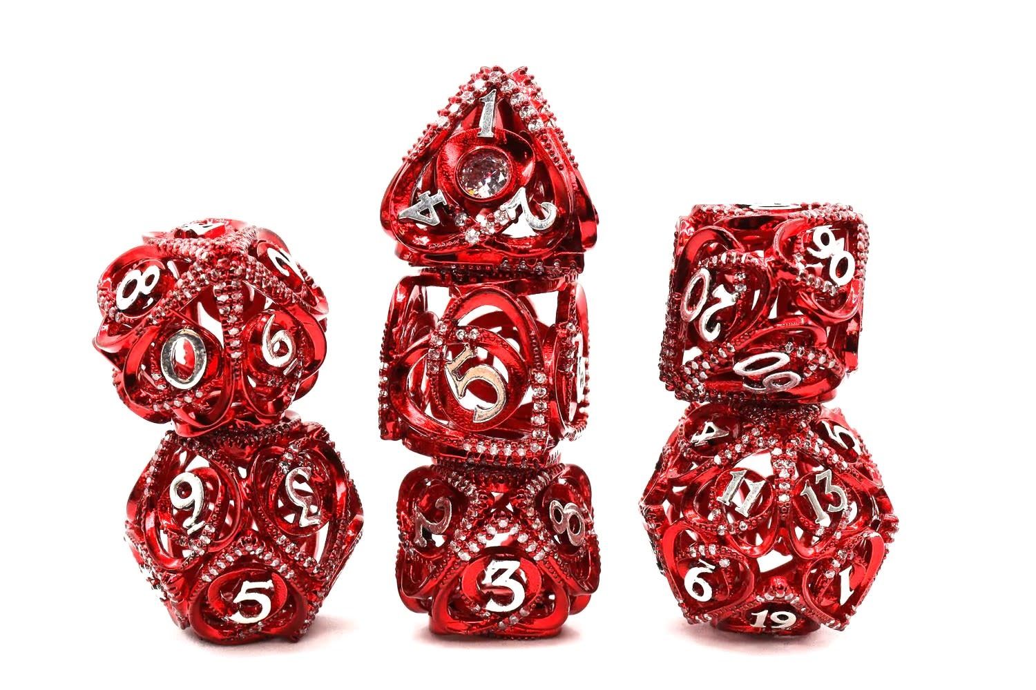 Red Jeweled Hollow Hearts RPG Metal Dice Set