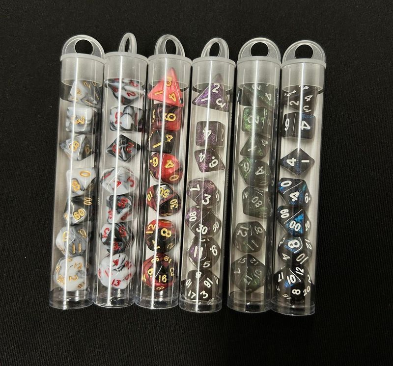 Mini Stardust Acrylic Poly Dice Set: Gray w/ Silver Numbers (7)- 10mm