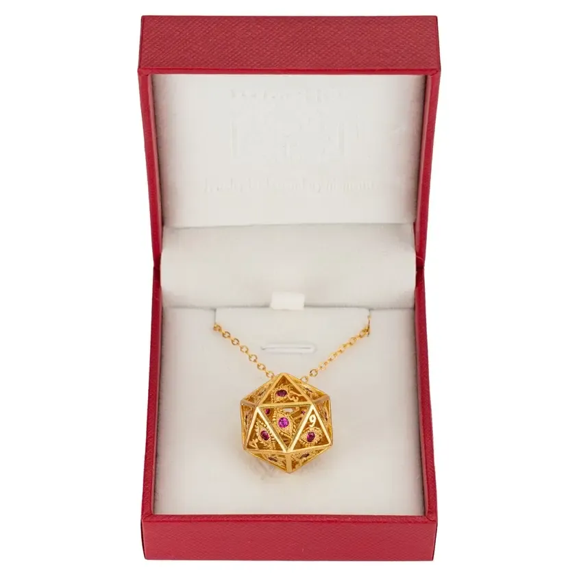 Dragon's Eye D20 Necklace, Color: Gold with Ruby Red Gems