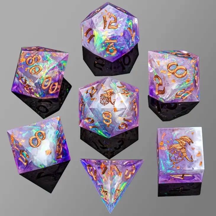 Captured Magic Hand Sanded Sharp Edge Resin RPG Dice Set (7), Variation: Arcane Amethyst