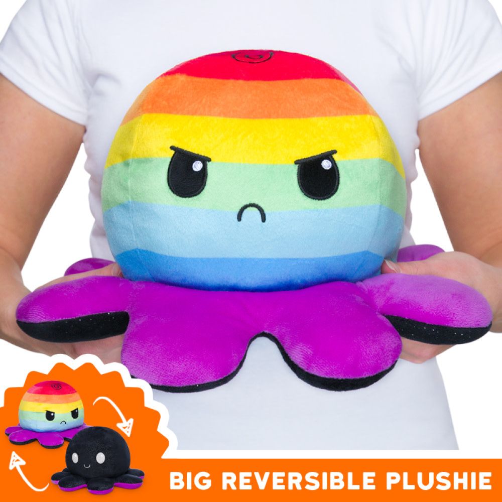 BIG Reversible Octopus Plushie, Color: Happy Black Sparkle and Angry Rainbow Stripes