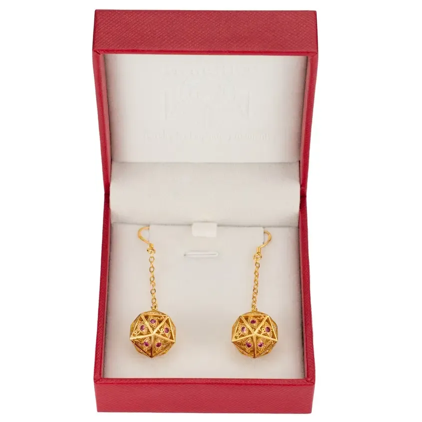 Dragon's Eye D20 Dice Earrings , Color: Gold with Ruby Red Gems