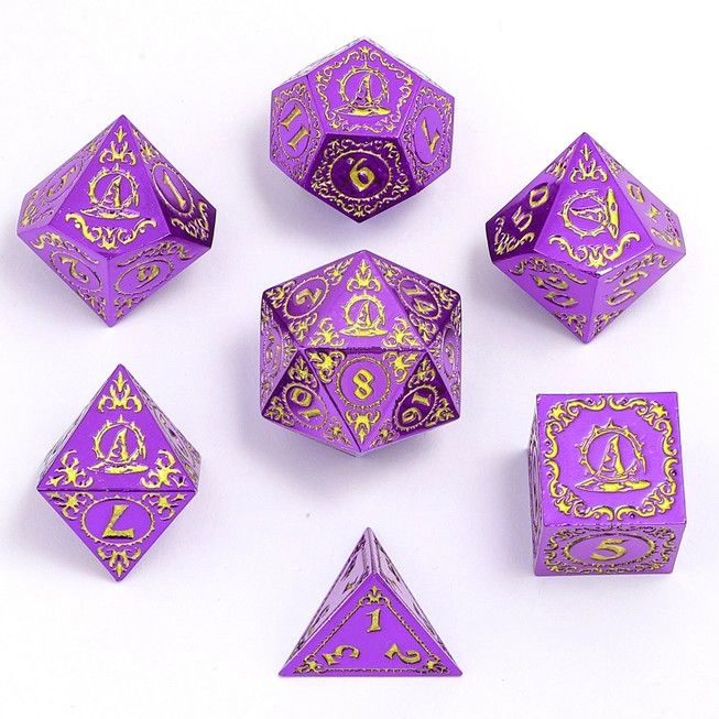 Wizard Solid Metal Polyhedral Dice Set, Color: Purple with Gold