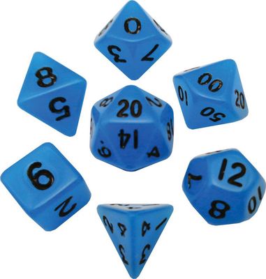 Mini Polyhedral Dice Set: Glow Blue with Black Numbers