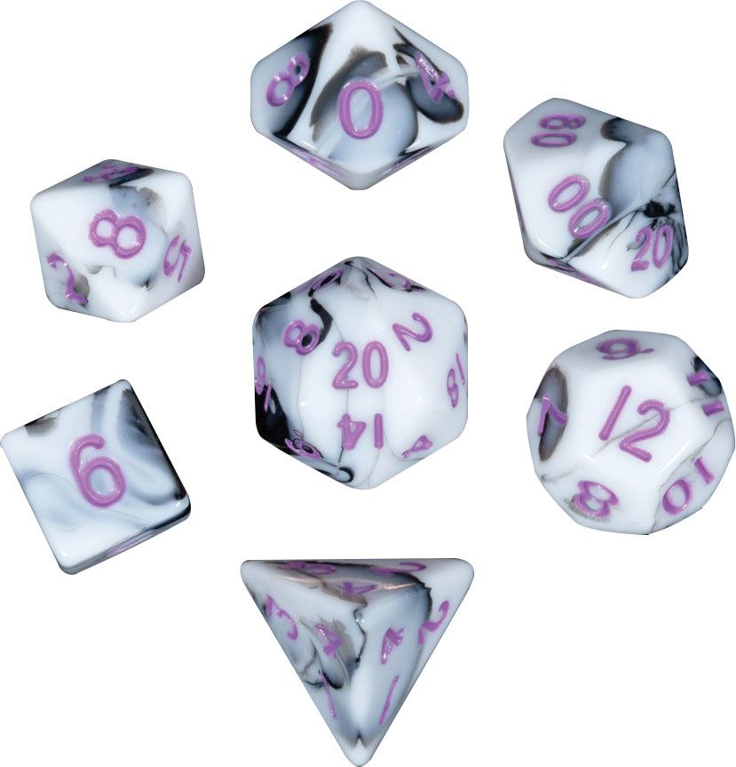 Mini Polyhedral Dice Set: Marble with Purple Numbers
