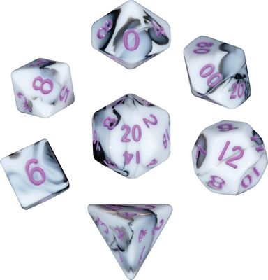 Mini Polyhedral Dice Set: Marble with Purple Numbers