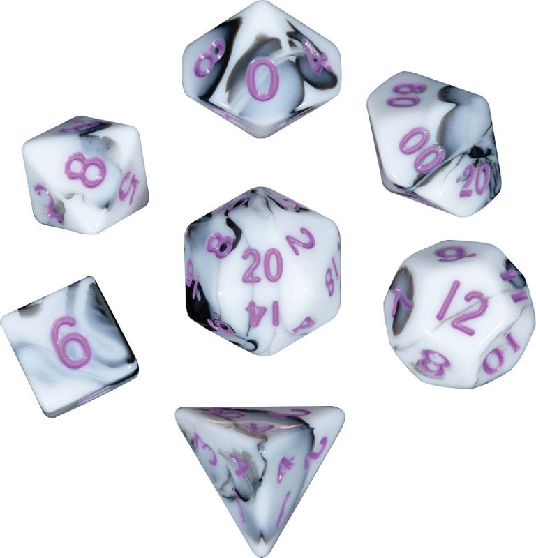 Mini Polyhedral Dice Set: Marble with Purple Numbers